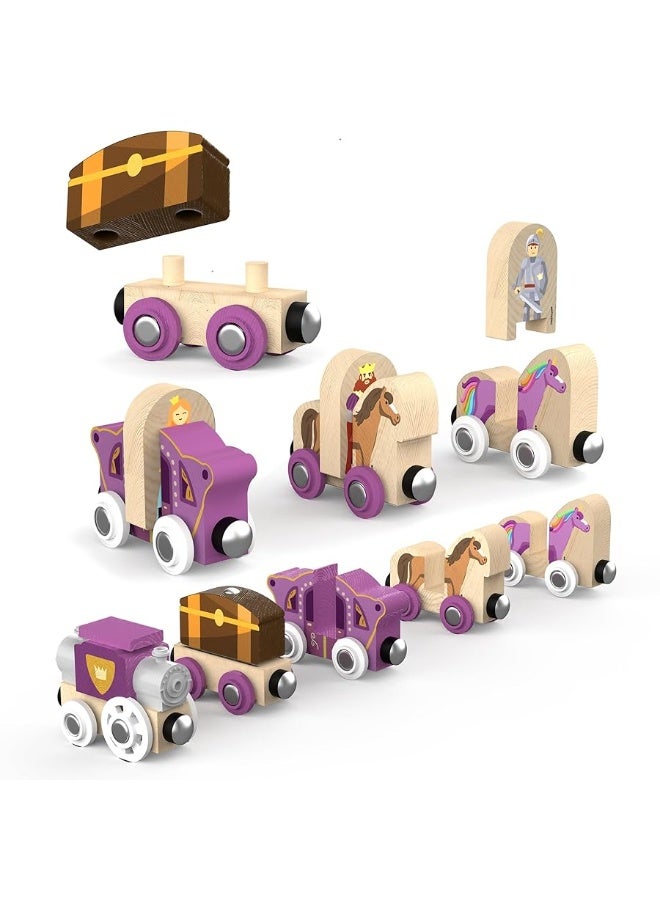 68 Pcs Fantasy Kingdom Adventure Wooden Train Set in Wooden Storage Box Unisex Children Toys Girls Boys 3 4 5 6 7 Years Compatible with Thomas, BRIO, Melissa and Doug, Imaginarium, IKEA