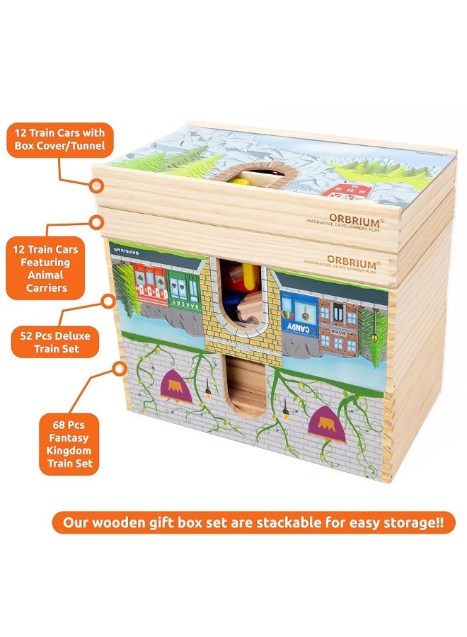 68 Pcs Fantasy Kingdom Adventure Wooden Train Set in Wooden Storage Box Unisex Children Toys Girls Boys 3 4 5 6 7 Years Compatible with Thomas, BRIO, Melissa and Doug, Imaginarium, IKEA