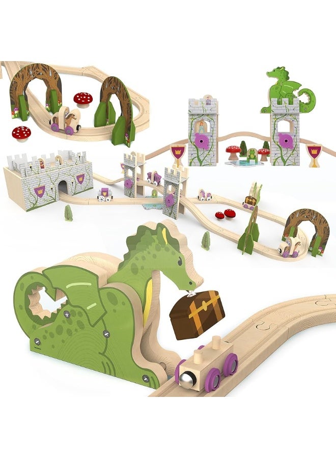 68 Pcs Fantasy Kingdom Adventure Wooden Train Set in Wooden Storage Box Unisex Children Toys Girls Boys 3 4 5 6 7 Years Compatible with Thomas, BRIO, Melissa and Doug, Imaginarium, IKEA