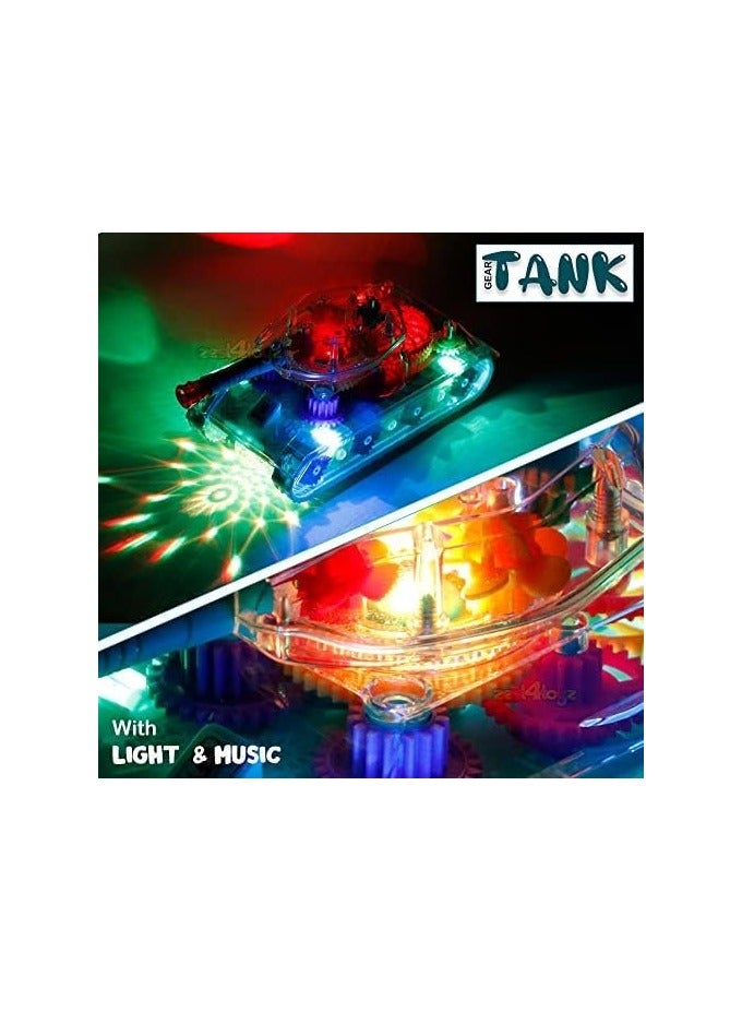 Toyz Gear Toys Kids Transparent Army Gear Tank Musical Sound Toy with Led Lights 360 Degree Rotation Bump and Go Toys for Boys Girls (Gear Army Tank)