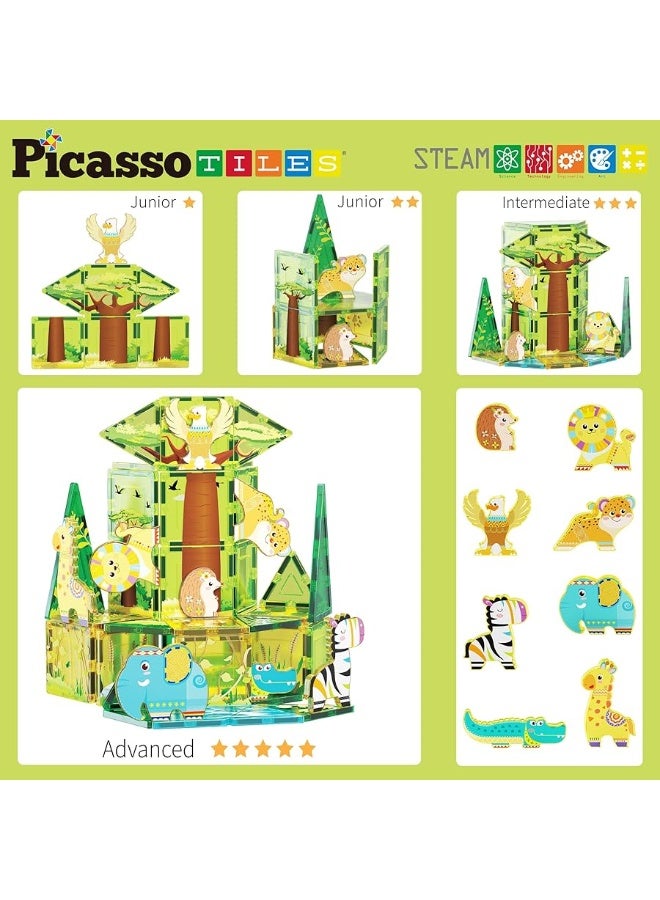 PicassoTiles 46pc Magnet Tile Building Block Safari Themed Set with 8 Compatible Magnetized Animal Action Figures Build Blocks Toddler Creativity Toys STEAM Educational Learning Skills Ages 3+ PTQ12