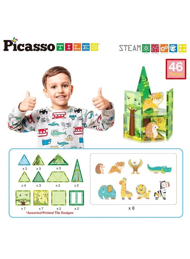 PicassoTiles 46pc Magnet Tile Building Block Safari Themed Set with 8 Compatible Magnetized Animal Action Figures Build Blocks Toddler Creativity Toys STEAM Educational Learning Skills Ages 3+ PTQ12