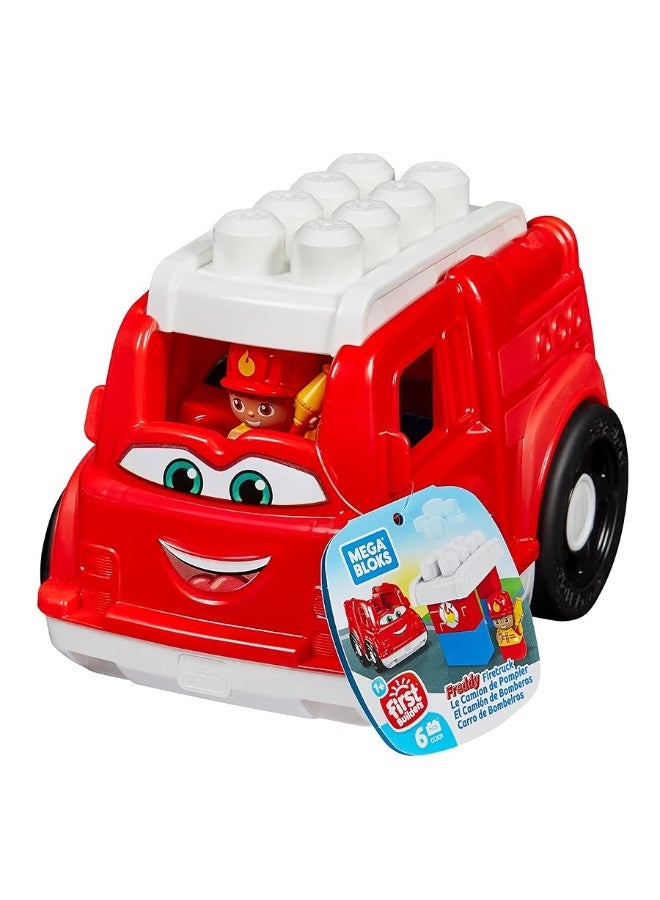 Mega BLOKS First Builders Toddler Building Blocks Toy Set Freddy Firetruck with 6 Pieces and Storage 1 Figure Red Ages 1 Years