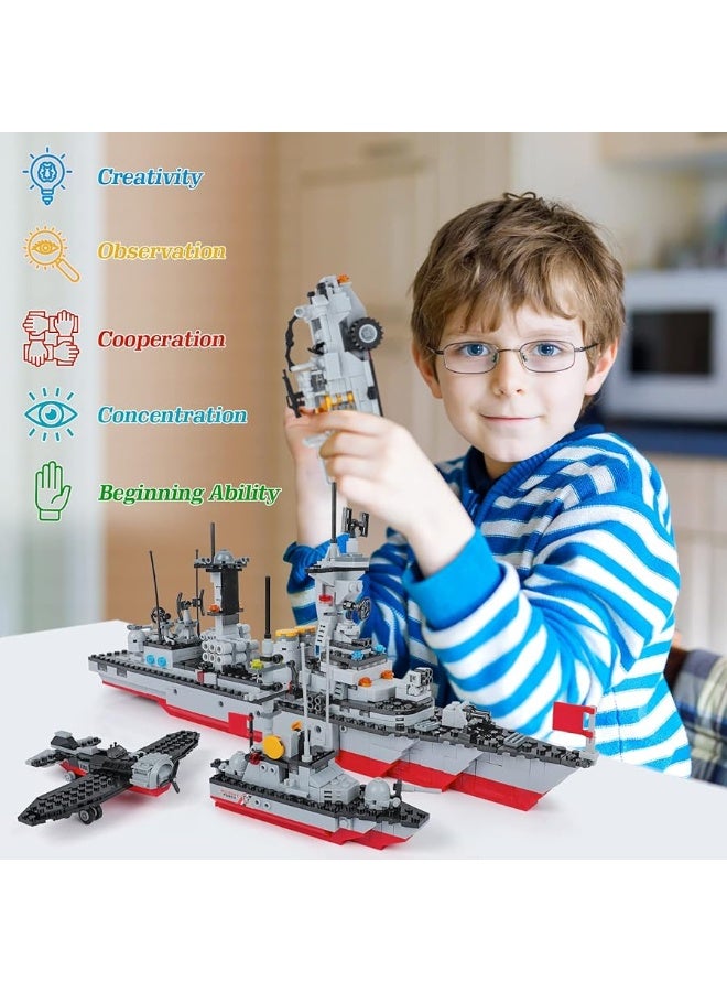 1296 Pieces Aircraft Carrier Building Blocks Set, Military Warship Battleship Building kit with Airplane, Patrol Boat, Army Car, Tank, Creative Roleplay Ship Gift Toys for Kids Boys Girls 6-12 Years