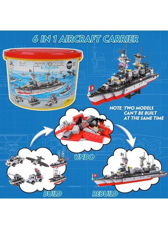 1296 Pieces Aircraft Carrier Building Blocks Set, Military Warship Battleship Building kit with Airplane, Patrol Boat, Army Car, Tank, Creative Roleplay Ship Gift Toys for Kids Boys Girls 6-12 Years