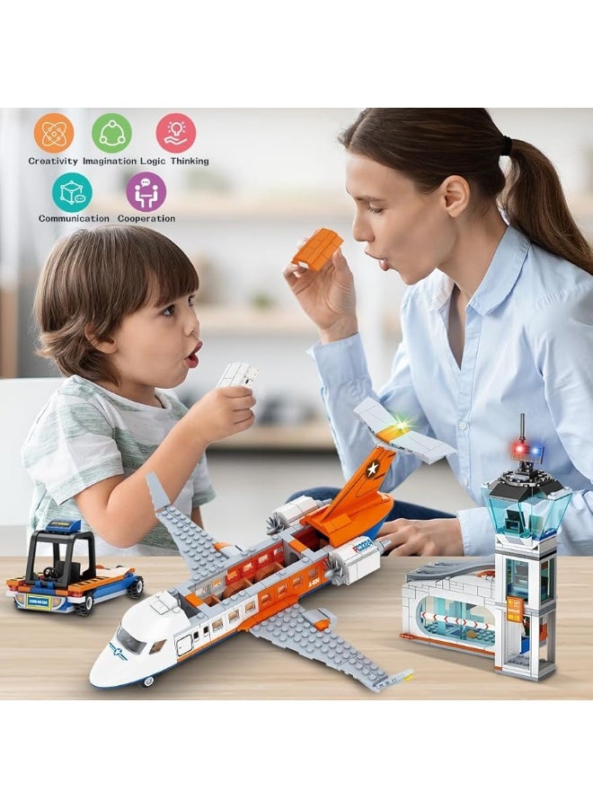 HOGOKIDS City Passenger Airplane Building Set - 697 PCS STEM 3 in 1 Airport Passenger Plane Building Block Toy with Baggage Truck Radar Tower Shuttle Bus for Boys Girls Kids Adults 6 7 8 9+ Years Old