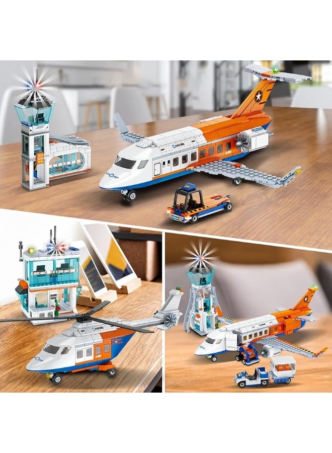 HOGOKIDS City Passenger Airplane Building Set - 697 PCS STEM 3 in 1 Airport Passenger Plane Building Block Toy with Baggage Truck Radar Tower Shuttle Bus for Boys Girls Kids Adults 6 7 8 9+ Years Old