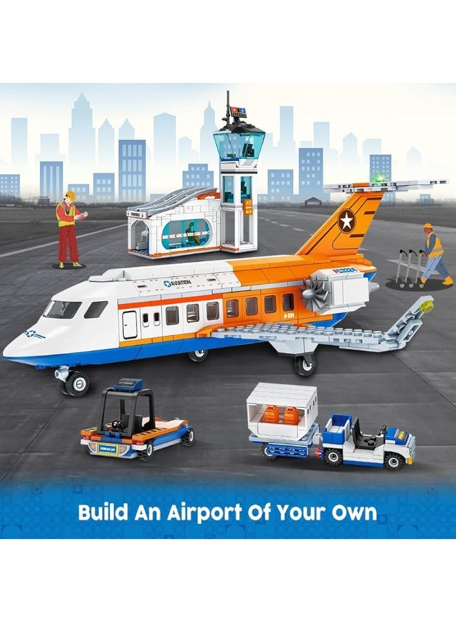 HOGOKIDS City Passenger Airplane Building Set - 697 PCS STEM 3 in 1 Airport Passenger Plane Building Block Toy with Baggage Truck Radar Tower Shuttle Bus for Boys Girls Kids Adults 6 7 8 9+ Years Old