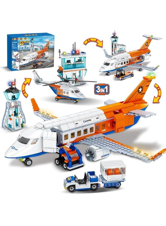 HOGOKIDS City Passenger Airplane Building Set - 697 PCS STEM 3 in 1 Airport Passenger Plane Building Block Toy with Baggage Truck Radar Tower Shuttle Bus for Boys Girls Kids Adults 6 7 8 9+ Years Old