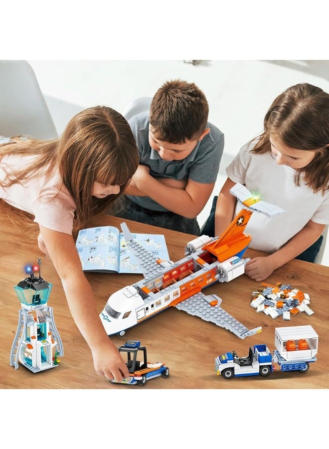 HOGOKIDS City Passenger Airplane Building Set - 697 PCS STEM 3 in 1 Airport Passenger Plane Building Block Toy with Baggage Truck Radar Tower Shuttle Bus for Boys Girls Kids Adults 6 7 8 9+ Years Old