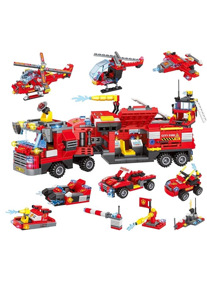 1432 Pieces City Fire Truck , Fire Rescue Helicopter , Fire Rescue Boat Building Blocks Set , 8+1 City Fire Mobile Command Center Truck , Fire Engine Gifts for Kids, Boys and Girls Ages 6-12