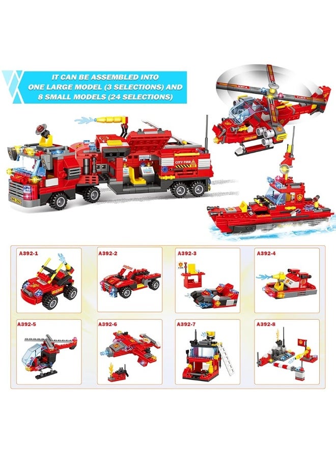 1432 Pieces City Fire Truck , Fire Rescue Helicopter , Fire Rescue Boat Building Blocks Set , 8+1 City Fire Mobile Command Center Truck , Fire Engine Gifts for Kids, Boys and Girls Ages 6-12