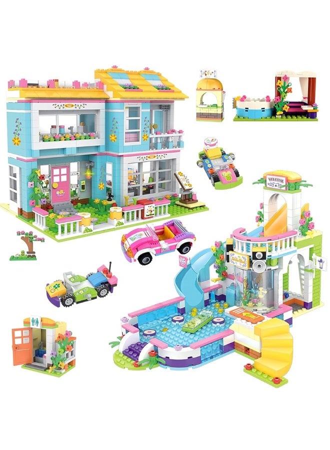 Friends House Pool Party Building Kit, Family House Swimming Pool Water Park Building Set with Storage Box, Creative Roleplay Building Blocks Toy Birthday Gifts for Kids Girls Aged 6-12 (1736 Pieces)