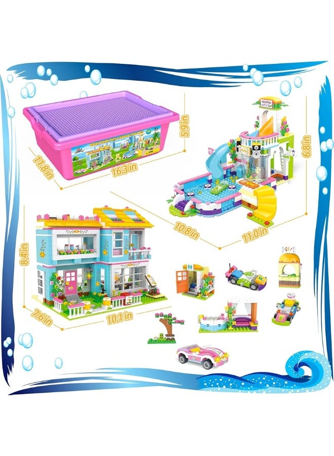 Friends House Pool Party Building Kit, Family House Swimming Pool Water Park Building Set with Storage Box, Creative Roleplay Building Blocks Toy Birthday Gifts for Kids Girls Aged 6-12 (1736 Pieces)