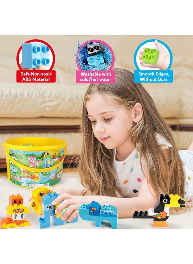 Building Blocks Set for Toddlers Creative Large Building Bricks Toy Animals Building Kit with Storage Box Preschool Learning Educational Toys for Kids Boys Girls Gifts for 3 Years Old 122 Pieces