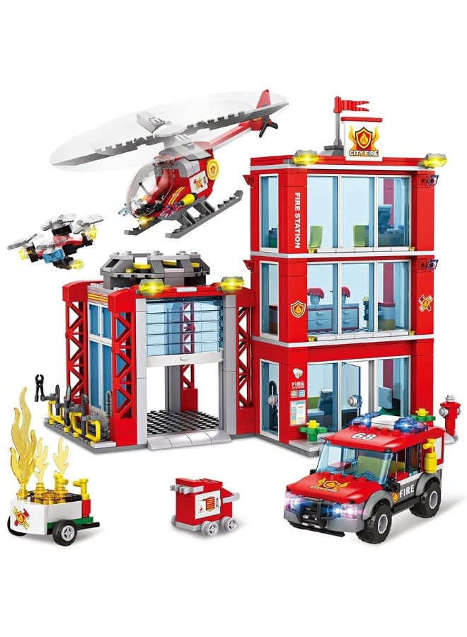 City Fire Station Building Blocks Set with Fire Truck, Fire Rescue Helicopter,Drone & Fire Engine Toys,Fire Command Center Playset, Firefighters Roleplay Toy Gifts for Kids Boys Girls Ages 6+(744PCS)