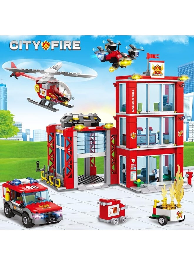 City Fire Station Building Blocks Set with Fire Truck, Fire Rescue Helicopter,Drone & Fire Engine Toys,Fire Command Center Playset, Firefighters Roleplay Toy Gifts for Kids Boys Girls Ages 6+(744PCS)