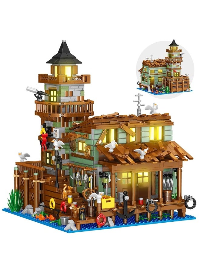 Fishing Village Store House Building Set with LED Light, 1881 PCS Wood Cabin Mini Building Block, STEM Architecture Toys Kit, Birthday Gift for Adults Ages 8-12+ Yearsï¼ˆNot Compatible with Set ï¼‰