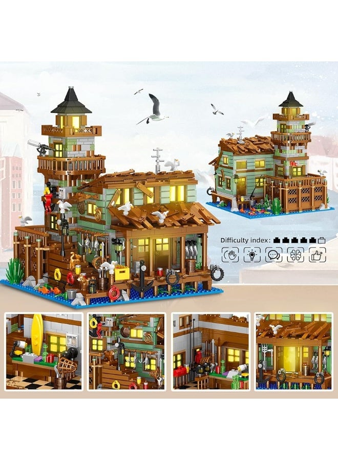 Fishing Village Store House Building Set with LED Light, 1881 PCS Wood Cabin Mini Building Block, STEM Architecture Toys Kit, Birthday Gift for Adults Ages 8-12+ Yearsï¼ˆNot Compatible with Set ï¼‰