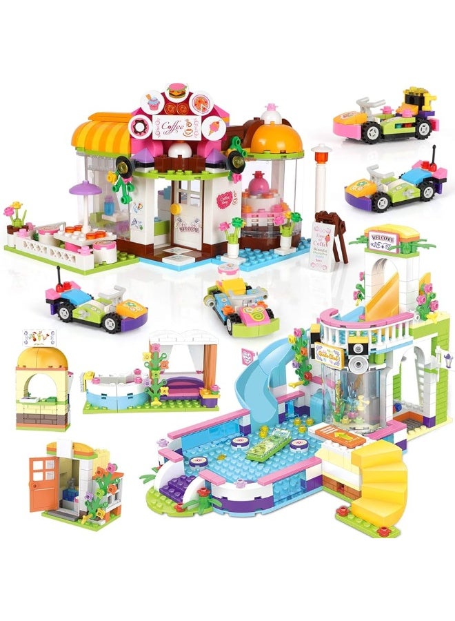 Friends Coffee House Pool Party Building Kit for Kids, Cafe Shop Swimming Pool Building Blocks Sets Creative Roleplay Christmas Birthday Gift for Girls Age 6-12 with Storage Box (1140 Pieces)