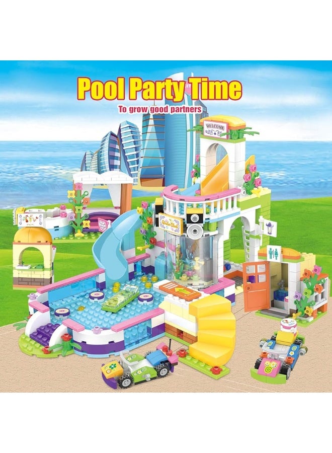 Friends Coffee House Pool Party Building Kit for Kids, Cafe Shop Swimming Pool Building Blocks Sets Creative Roleplay Christmas Birthday Gift for Girls Age 6-12 with Storage Box (1140 Pieces)