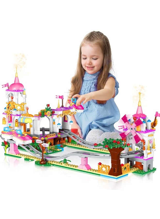 HOGOKIDS Friend Roller Coaster Building Set - 711 Pieces Girls Amusement Park Building Block Kit STEM Playground Park Pink Construction Birthday Gift Toys for Kids Girls Boys Aged 6 7 8 9 10 11