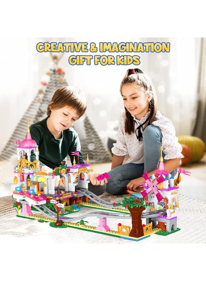 HOGOKIDS Friend Roller Coaster Building Set - 711 Pieces Girls Amusement Park Building Block Kit STEM Playground Park Pink Construction Birthday Gift Toys for Kids Girls Boys Aged 6 7 8 9 10 11