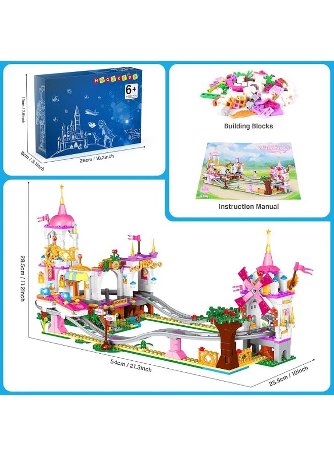 HOGOKIDS Friend Roller Coaster Building Set - 711 Pieces Girls Amusement Park Building Block Kit STEM Playground Park Pink Construction Birthday Gift Toys for Kids Girls Boys Aged 6 7 8 9 10 11
