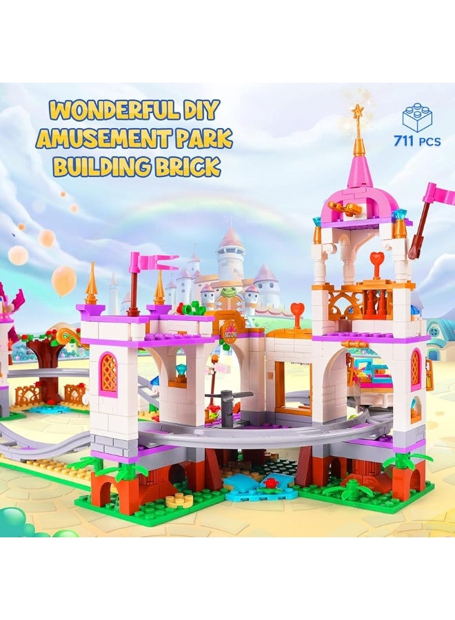 HOGOKIDS Friend Roller Coaster Building Set - 711 Pieces Girls Amusement Park Building Block Kit STEM Playground Park Pink Construction Birthday Gift Toys for Kids Girls Boys Aged 6 7 8 9 10 11