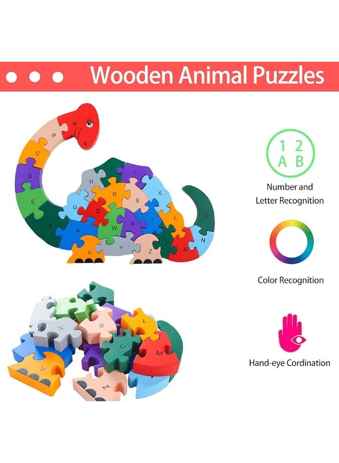 LovesTown 2 PCS Wooden Animal Puzzles, Alphabet Building Blocks for Kids, Preschool Letters and Numbers Puzzles, ABC Animal Puzzle for Toddlers