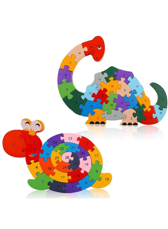 LovesTown 2 PCS Wooden Animal Puzzles, Alphabet Building Blocks for Kids, Preschool Letters and Numbers Puzzles, ABC Animal Puzzle for Toddlers