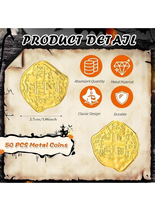 Hanaive 50 Pcs Metal Pirate Coins Spanish Doubloon Replicas Pirate Treasure Metal Tokens Fake Play Coins for Kids Board Games Pirate Party Cosplay (Gold)