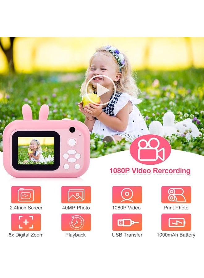 MINIBEAR Instant Camera for Kids Digital Camera for Girls Toddler Camera with Print Paper, 40MP Kids Video Camera Child Selfie Camera Toy Camera Kids Camcorder 2.4 Inch Screen and 32GB TF Card