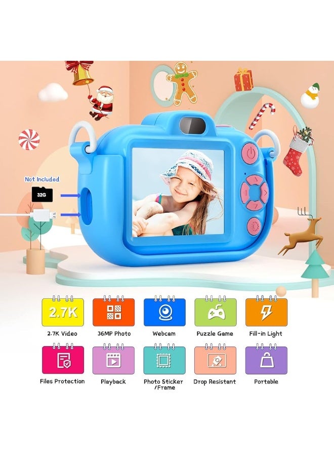 Kids Camera, Digital Camera for Kids 36M 2.7K Video Recorder with Fill-in Light, Automatic Shut-Down, 2.0 Inch Screen, Video Camera Christmas Birthdays for Girls Boys Toddlers Age 3 4 5 6 7 8 (Blue)