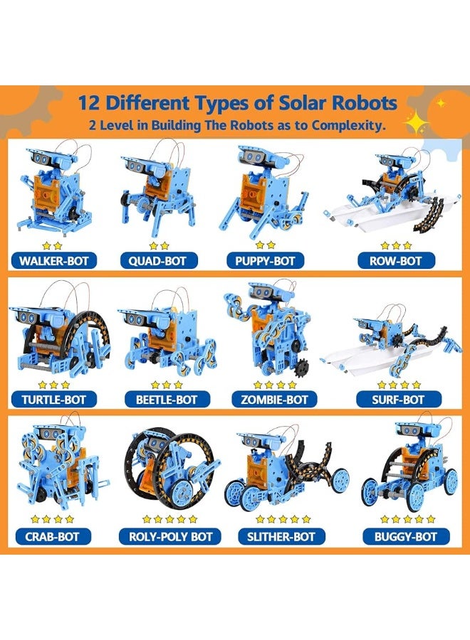 Sillbird STEM Projects 12 in 1 Solar Robot Toys for Kids, 190 Pieces Solar and Cell Powered Dual Drive Motor DIY Building Science Learning Educational Experiment Kit, Gift for Boys Girls Aged 8-12