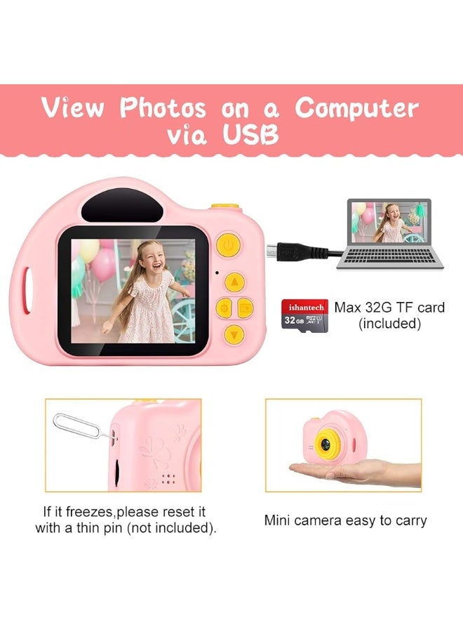 ishantech Kids Digital Camera Toys for Girls 1080 IPS 2 inch HD Girls Best Birthday Toys Mini Toddler Camera for 3 4 5 6 7 8 9 Year Old Girls with 32G SD Card (Pink)