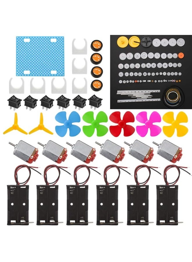 6 Set DC Motor Kit, Rectangular Electric 1.5-3V 24000RPM Mini Motor with 86 Pcs Plastic Gears, 2 x AA Battery Holder, Bracket, Rocker Switch, Shaft Propeller, Wheels for DIY Science Projects