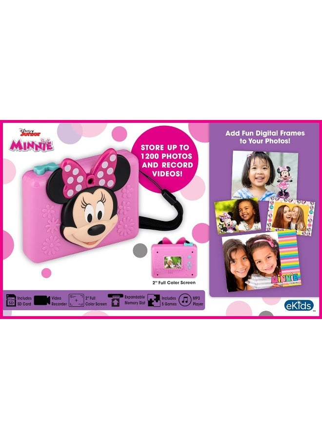 ekids Minnie Mouse Kids Camera with SD Card, Digital Camera for Kids with Video Camera, Built-in Digital Stickers for Fans of Disney Gifts for Girls