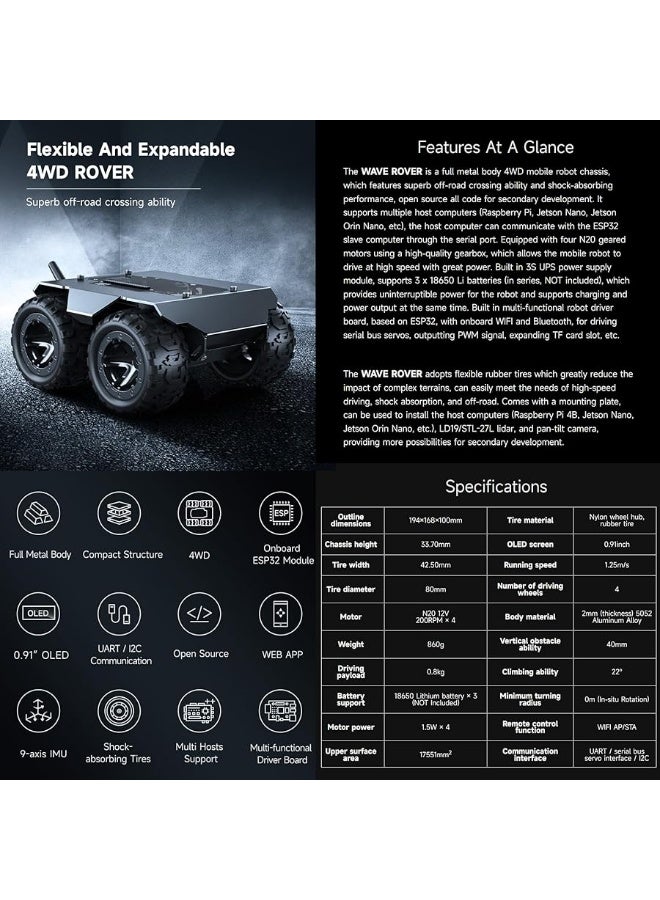 Waveshare Wave Rover Flexible and Expandable 4WD Mobile Robot Chassis, Full Metal Body, Multiple Hosts Support, with Onboard ESP32 Module