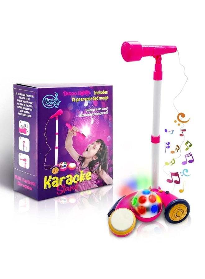 Kids Microphone with Stand, Sing Along Kids Karaoke Machine, Musical Singing Toy, Microphone for Kids with Flashing Stage Lights and Pedals for Fun Sound Effects by First Note USA, Pink