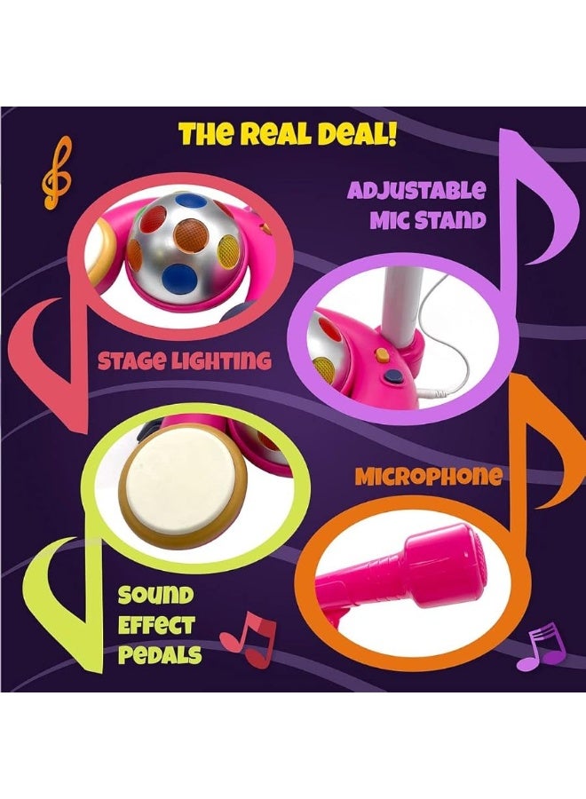 Kids Microphone with Stand, Sing Along Kids Karaoke Machine, Musical Singing Toy, Microphone for Kids with Flashing Stage Lights and Pedals for Fun Sound Effects by First Note USA, Pink