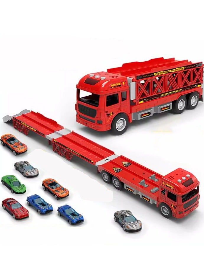 Race Car Track Toy Truck Toy with Slots & Foldable Race Tracks Transport Car Carrier Toy for Toddlers Cars Toy Set Container Truck Toy with 16 Alloy Cars Vehicles Toy Set for 3+ Kids Boys Girls