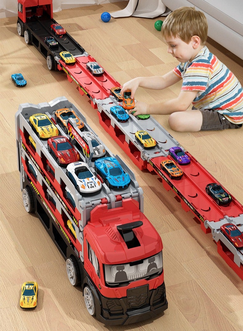 Race Car Track Toy Truck Toy with Slots & Foldable Race Tracks Transport Car Carrier Toy for Toddlers Cars Toy Set Container Truck Toy with 16 Alloy Cars Vehicles Toy Set for 3+ Kids Boys Girls