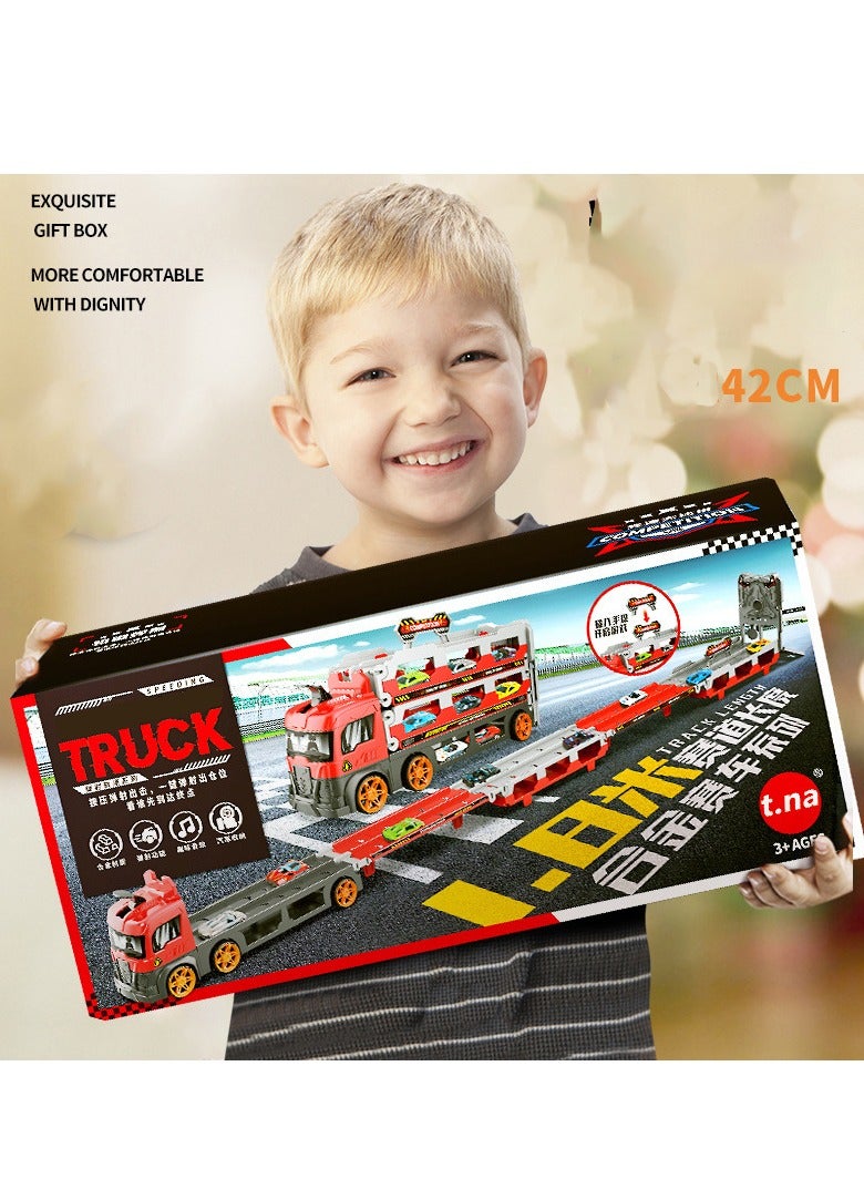 Race Car Track Toy Truck Toy with Slots & Foldable Race Tracks Transport Car Carrier Toy for Toddlers Cars Toy Set Container Truck Toy with 16 Alloy Cars Vehicles Toy Set for 3+ Kids Boys Girls