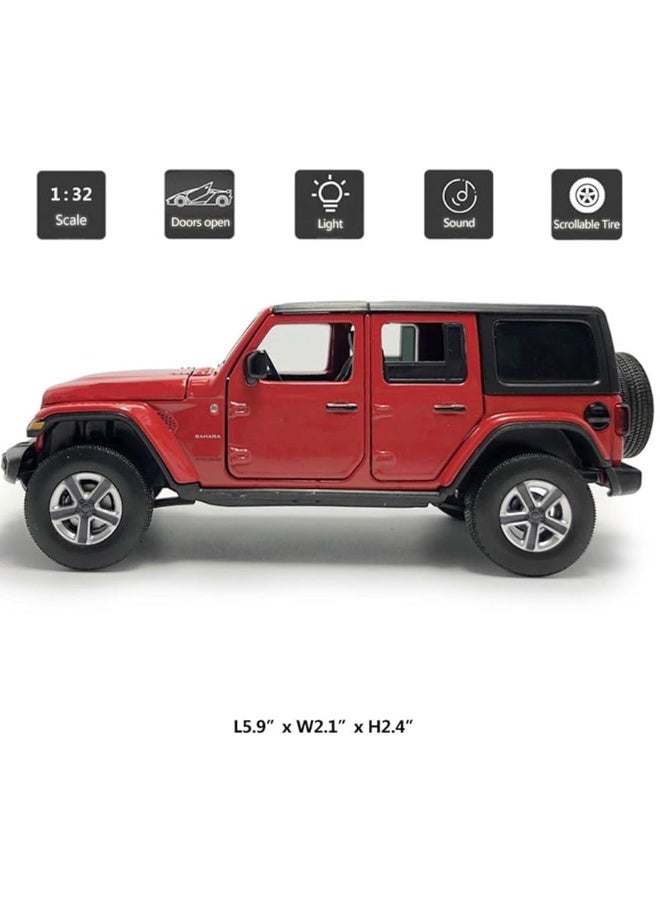 4 Door Wrangler Sahara Hard Top SUV Model Car Diecast Toy Cars 1/32 Scale Metal Vehicle Children's Die-cast Vehicles, Doors Open, Light Sound, Toys for Boys Gifts Kids Adults Men Collection, Red