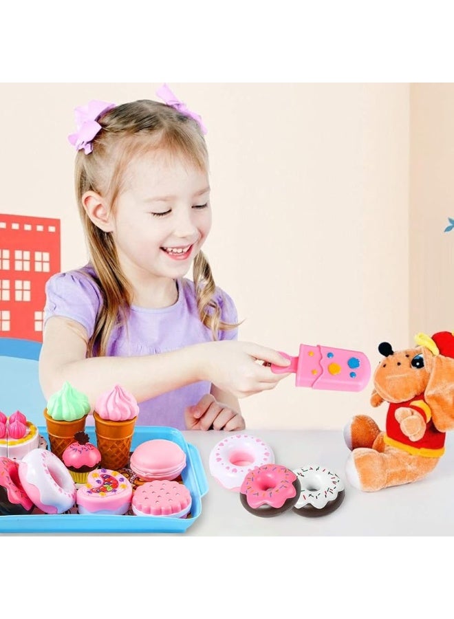 LOVESTOWN Pretend Desserts Food Toy, 15 PCS Play Food Desserts Set for Kids Kitchen, Play Dounts for Toddlers,Toy Food Ice Cream Cupcake Baking Plastic Play Food for Girls Boys Birthday Gift