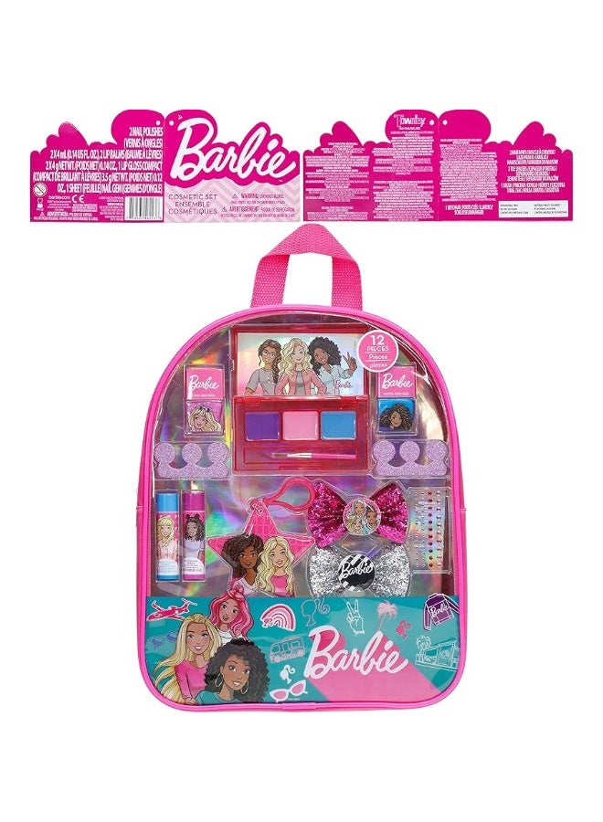 Barbie - Townley Girl Backpack Cosmetic Makeup Gift Bag Set 12 Pcs includes Lip Gloss, Nail Polish & Hair Accessories for Kids Teen Tween Girls, Ages 3+ perfect for Parties, Sleepovers and Makeovers