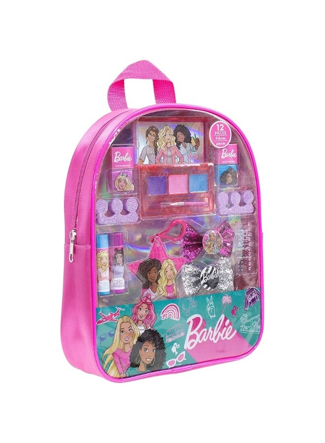 Barbie - Townley Girl Backpack Cosmetic Makeup Gift Bag Set 12 Pcs includes Lip Gloss, Nail Polish & Hair Accessories for Kids Teen Tween Girls, Ages 3+ perfect for Parties, Sleepovers and Makeovers