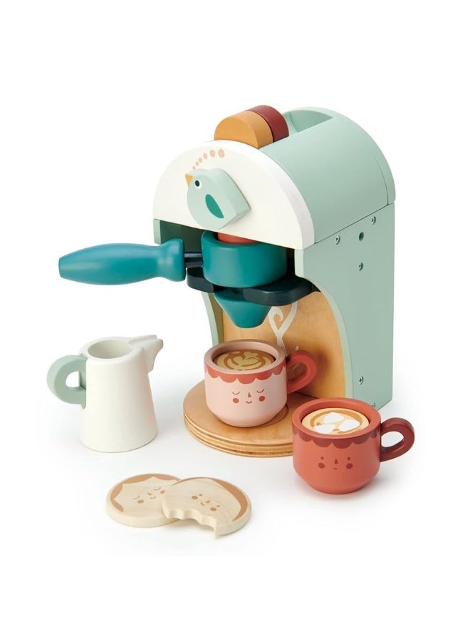 Tender Leaf Toys - Babyccino Maker - Wooden Coffee Machine Pretend Food Play Toy with Espresso Capsules and Cups - Made with Premium Materials and Craftsmanship - Age 3+