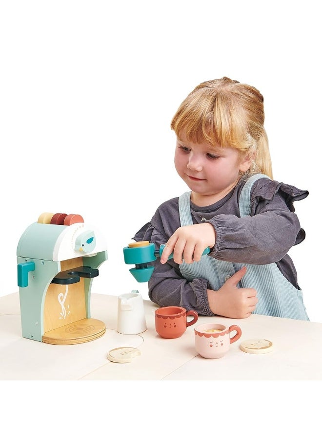 Tender Leaf Toys - Babyccino Maker - Wooden Coffee Machine Pretend Food Play Toy with Espresso Capsules and Cups - Made with Premium Materials and Craftsmanship - Age 3+